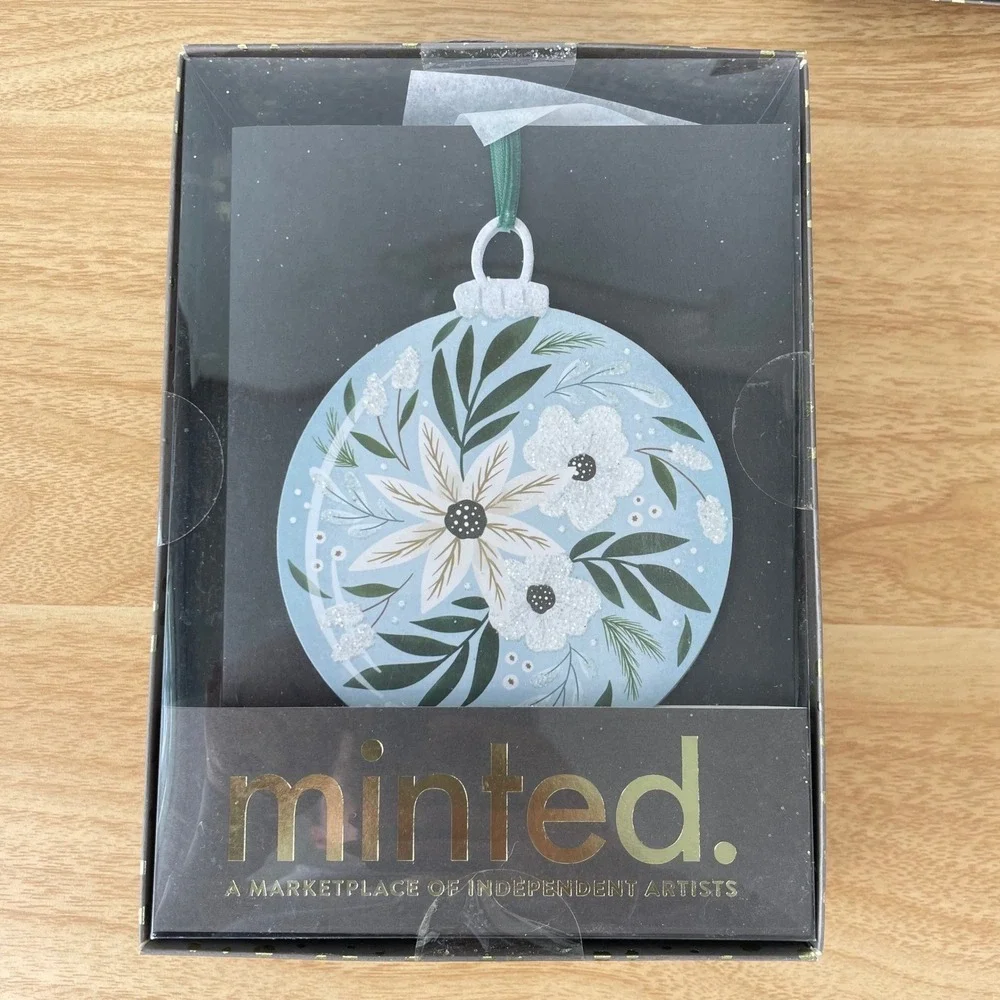 Minted Floral Bulb Christmas Card Megan Cash 2 Boxes 20 Count Total Blue Glitter